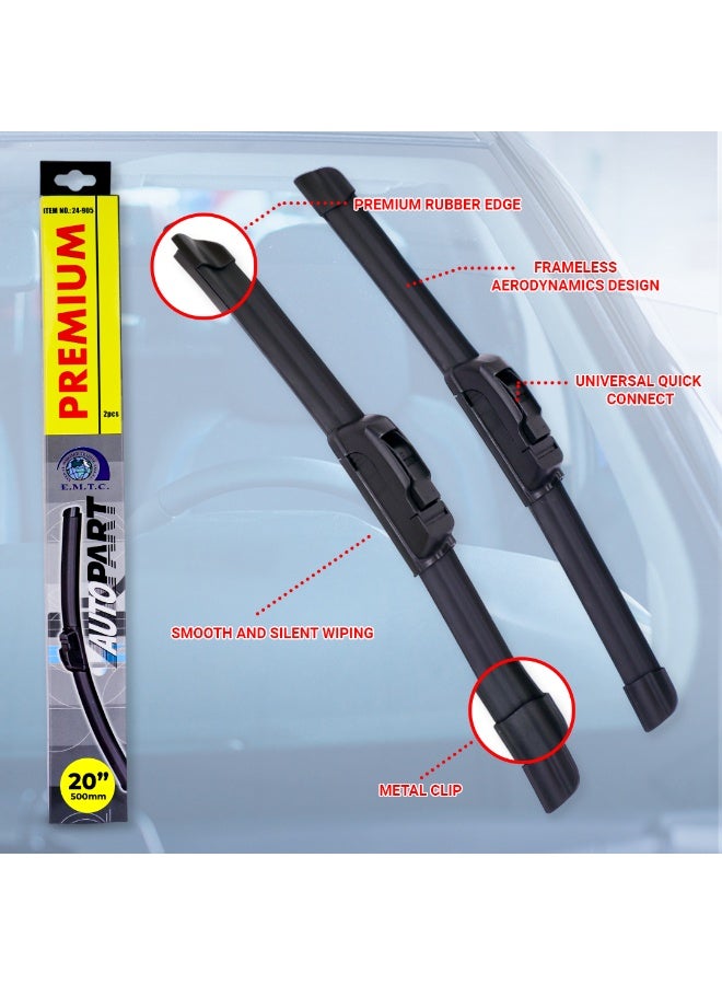 عبوة EMTC مكوّنة من شفرتي مسّاحات مسطّحة بدون إطار – مناسبة لجميع الفصول – ملاءمة عالمية – مقاس 20 بوصة - Image 2